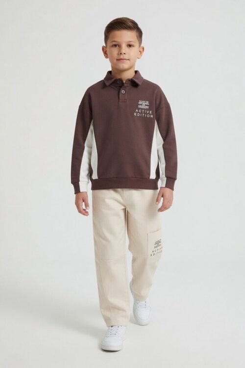Kahverengi Polo Yaka Sweatshirt Keten Pantolonlu Erkek Çocuk Takım 24531