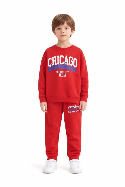 Kırmızı Chicago Baskılı Bisiklet Yaka Erkek Çocuk 2li Eşofman Takımı 22730