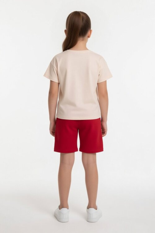 Kırmızı Kiraz Desenli Love Yazılı Tişörtlü Kız Çocuk Şortlu Takım 23897