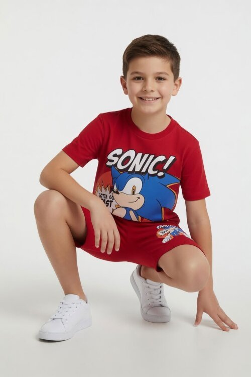 Kırmızı Kirpi Sonic Baskılı Erkek Çocuk Tişörtlü Şortlu 2li Takım 23977