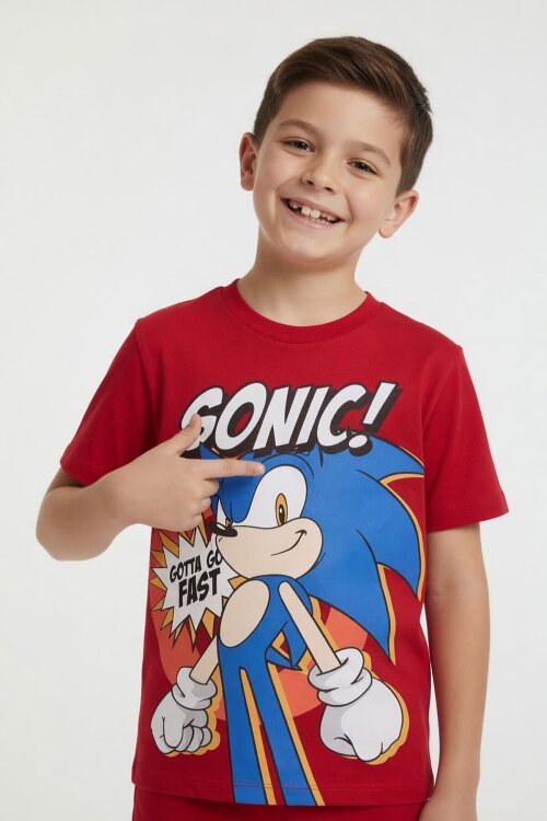 Kırmızı Kirpi Sonic Baskılı Erkek Çocuk Tişörtlü Şortlu 2li Takım 23977