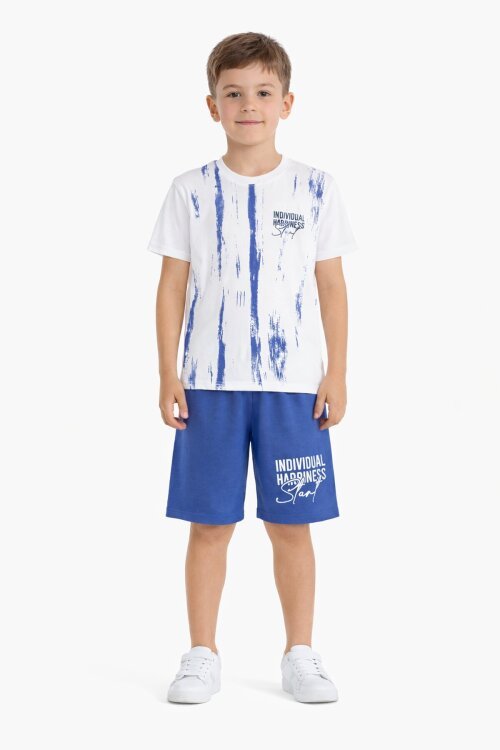 Koyu Mavi Desenli Tişörtlü Erkek Çocuk Yazı Baskılı Şortlu Takım 23789