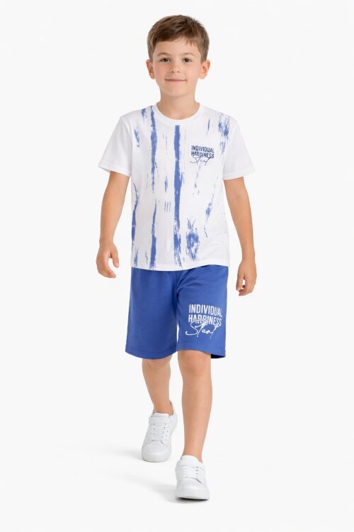 Koyu Mavi Desenli Tişörtlü Erkek Çocuk Yazı Baskılı Şortlu Takım 23789
