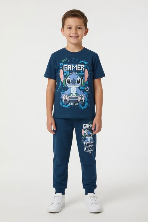 Koyu Mavi Gamer Karakter Baskılı Tişörtlü Erkek Çocuk Eşofman Takımı  23877