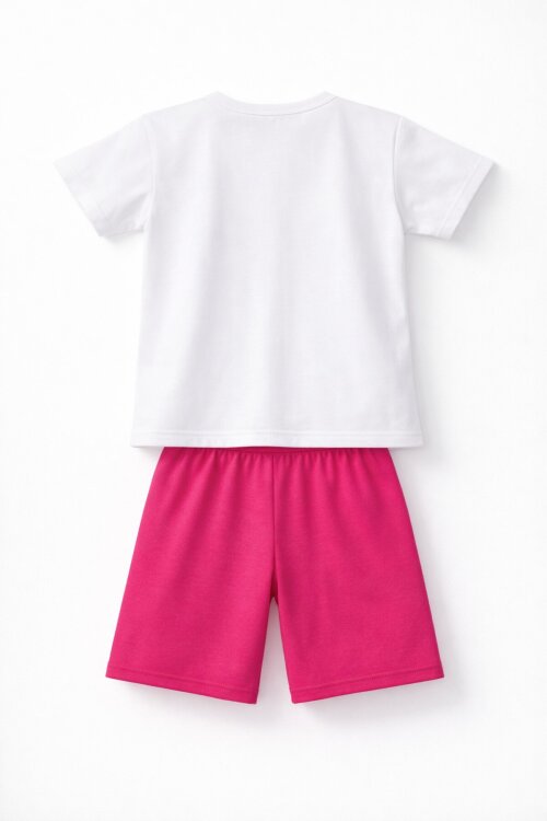 Koyu Pembe Unicorn Baskılı Simli Kız Çocuk Tişörtlü Şortlu Takım 23797