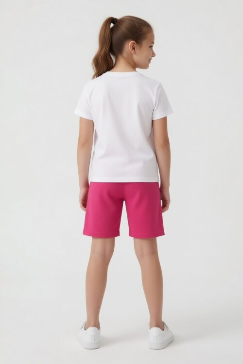 Koyu Pembe Unicorn Baskılı Simli Kız Çocuk Tişörtlü Şortlu Takım 23797