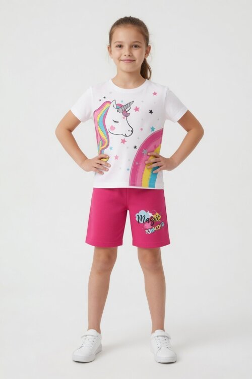 Koyu Pembe Unicorn Baskılı Simli Kız Çocuk Tişörtlü Şortlu Takım 23797