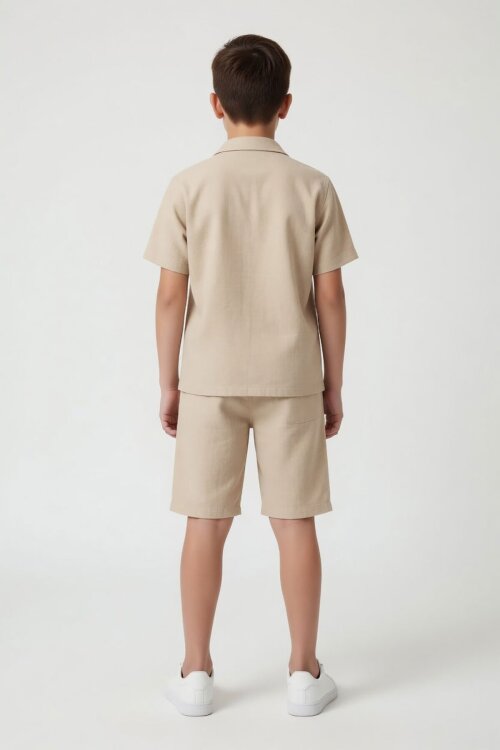 Krem Erkek Çocuk Keten Gömlekli Shortlu 3lü Takım 24583