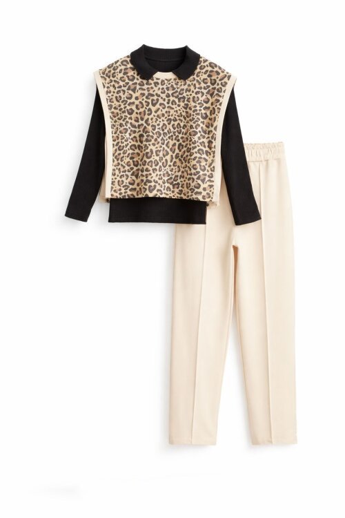 Krem Leopar Desenli Süveterli Badili Kız Çocuk Pantolonlu 3lü Takım 20665