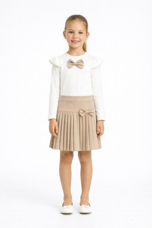 Krem Piliseli Etekli Uzun Kol Badili Kız Çocuk Elbise Takımı 17740