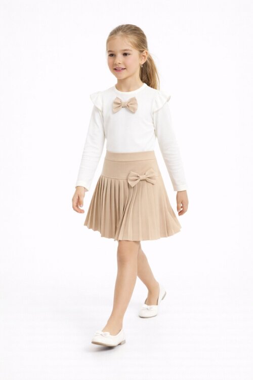 Krem Piliseli Etekli Uzun Kol Badili Kız Çocuk Elbise Takımı 17740