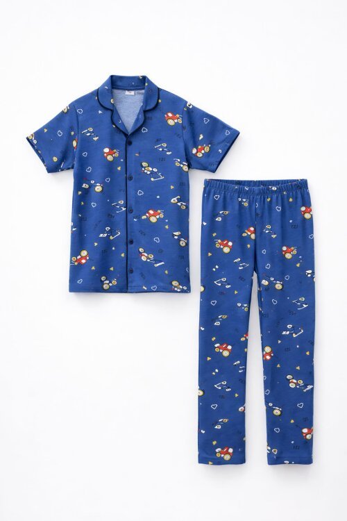 Lacivert Araba Desenli Düğmeli Erkek Çocuk Kısa Kol Pijama Takımı 23823
