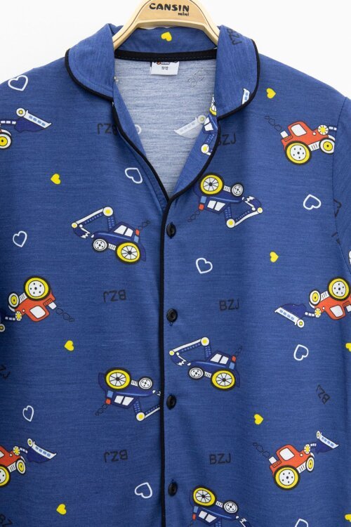 Lacivert Araba Desenli Düğmeli Erkek Çocuk Kısa Kol Pijama Takımı 23823