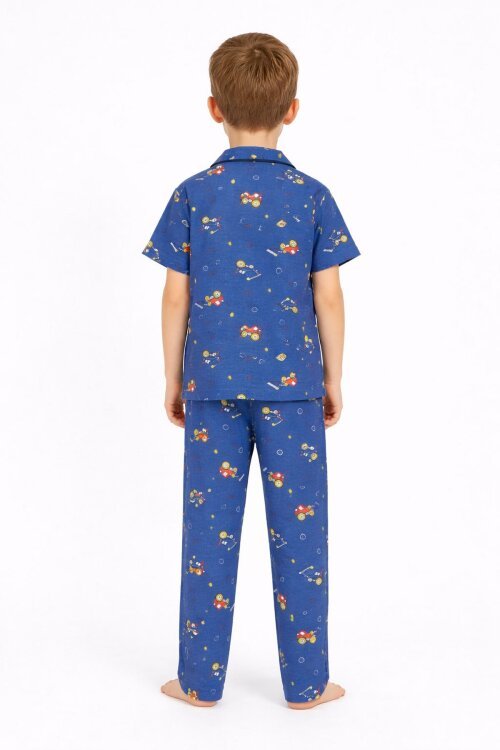 Lacivert Araba Desenli Düğmeli Erkek Çocuk Kısa Kol Pijama Takımı 23823