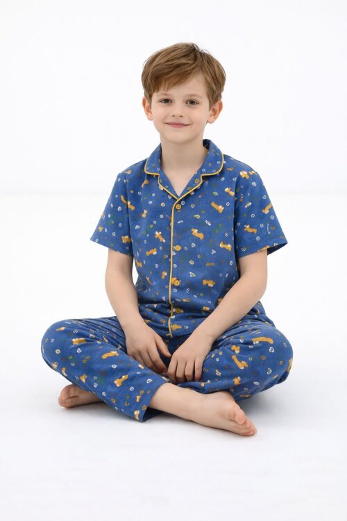 Lacivert Desenli Düğmeli Erkek Çocuk Kısa Kol Pijama Takımı 23825