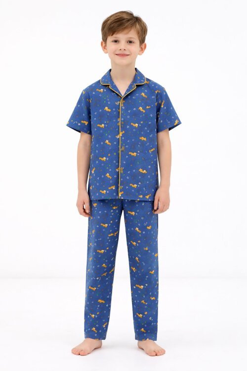 Lacivert Desenli Düğmeli Erkek Çocuk Kısa Kol Pijama Takımı 23825