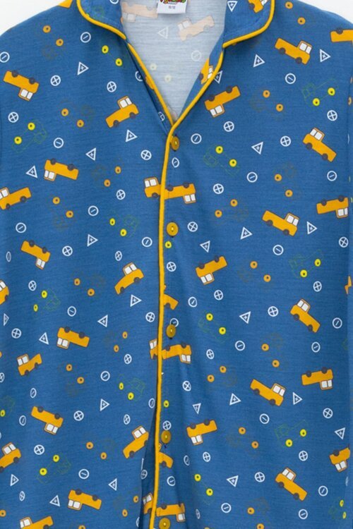 Lacivert Desenli Düğmeli Erkek Çocuk Kısa Kol Pijama Takımı 23825