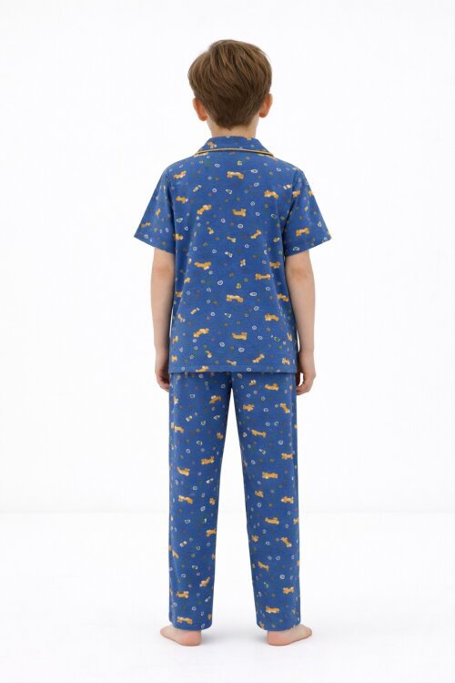 Lacivert Desenli Düğmeli Erkek Çocuk Kısa Kol Pijama Takımı 23825