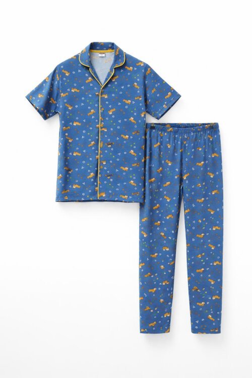 Lacivert Desenli Düğmeli Erkek Çocuk Kısa Kol Pijama Takımı 23825