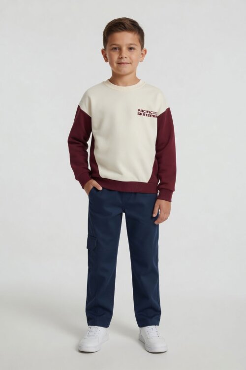 Lacivert Kahve Erkek Çocuk Keten Pantolonlu Sweatshirt 2li Takım 24515
