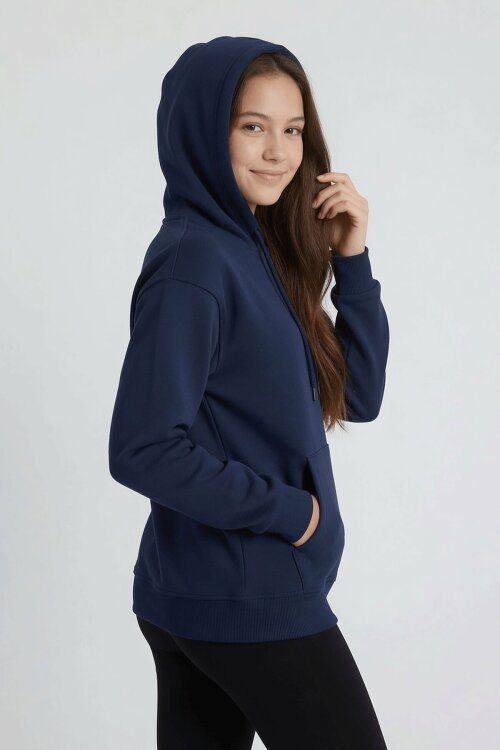 Lacivert Kız Çocuk Kanguru Cepli Şardonlu Kapüşonlu Sweatshirt 24689