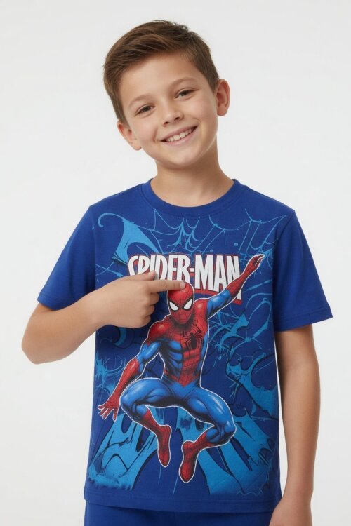 Lacivert Örümcek Adam Baskılı Tişörtlü Erkek Çocuk Şortlu Takım  23943