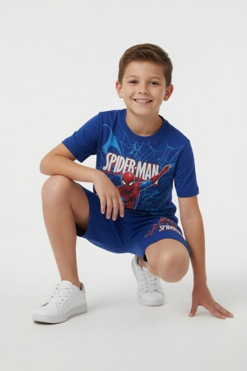 Lacivert Örümcek Adam Baskılı Tişörtlü Erkek Çocuk Şortlu Takım  23943