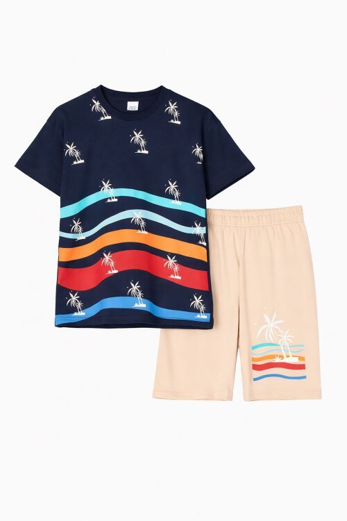 Lacivert Palmiye Desenli Bisiklet Yaka Erkek Çocuk Şortlu Takım 20627
