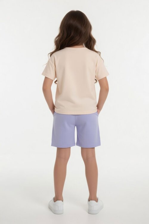 Lila Balerin Desenli Tişörtlü Kız Çocuk Şortlu 2li Takım 23879