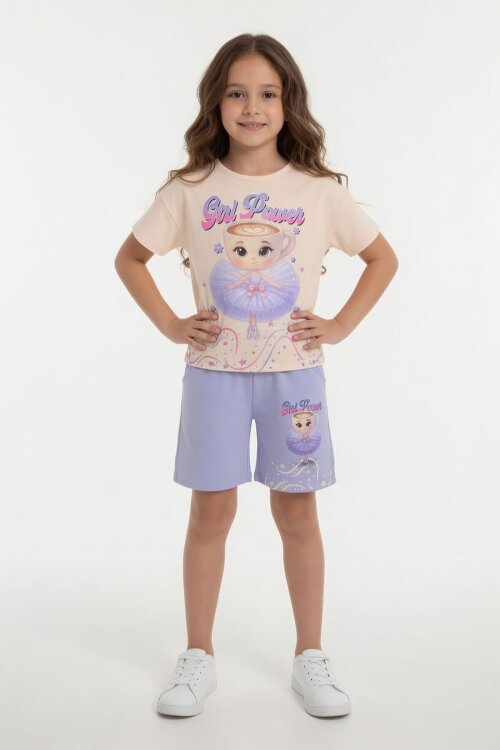Lila Balerin Desenli Tişörtlü Kız Çocuk Şortlu 2li Takım 23879