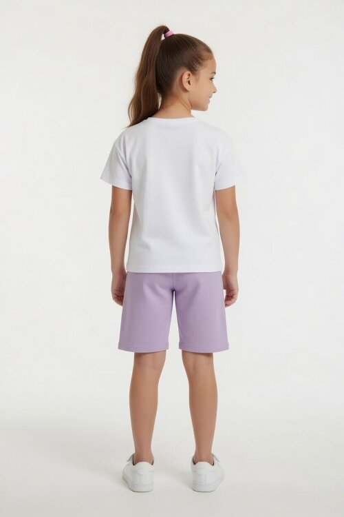 Lila Çiçek Desenli Tişörtlü Kız Çocuk Şortlu 2 Takım 23852