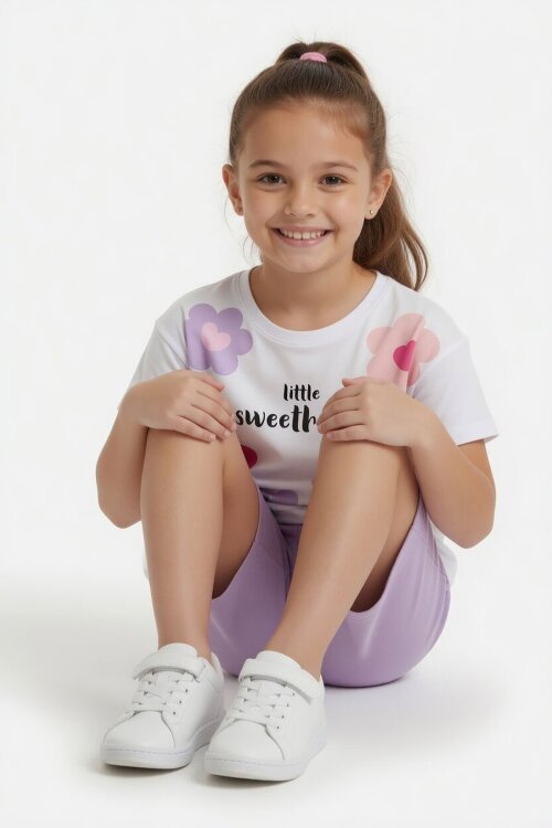 Lila Çiçek Desenli Tişörtlü Kız Çocuk Şortlu 2 Takım 23852