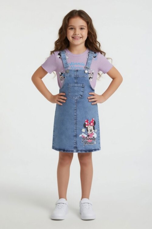 Lila Çiçekli Minnie Desenli Badili Jean Salopetli Kız Çocuk Takım 24090