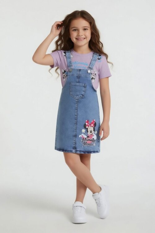 Lila Çiçekli Minnie Desenli Badili Jean Salopetli Kız Çocuk Takım 24090