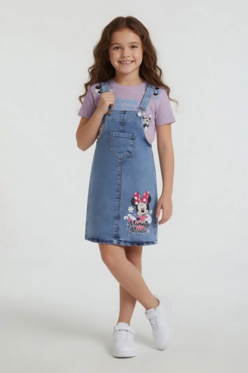 Lila Çiçekli Minnie Desenli Badili Jean Salopetli Kız Çocuk Takım 24090