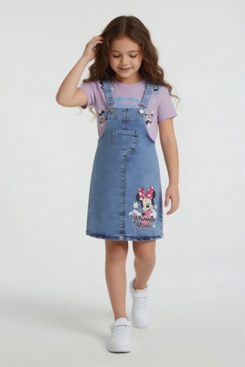 Lila Çiçekli Minnie Desenli Badili Jean Salopetli Kız Çocuk Takım 24090