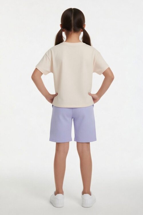 Lila Çizgi Desenli Karakter Baskılı Kız Çocuk Tişörtlü Şortlu Takım 23869