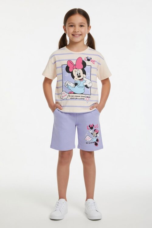 Lila Çizgi Desenli Karakter Baskılı Kız Çocuk Tişörtlü Şortlu Takım 23869