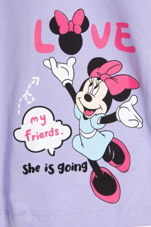 Lila Çizgi Desenli Karakter Baskılı Kız Çocuk Tişörtlü Şortlu Takım 23869