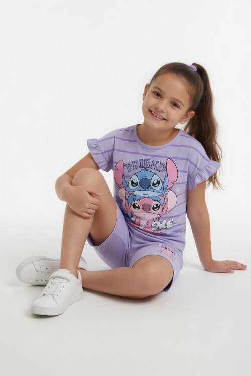 Lila Çizgili Karakter Baskılı Fırfırlı Kız Çocuk Şortlu 2li Takım  23955
