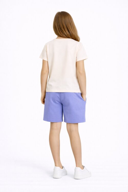 Lila Fiyonk Desenli Bisiklet Yaka Tişörtlü Kız Çocuk Şortlu Takım 23883