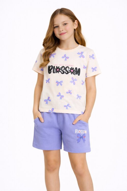 Lila Fiyonk Desenli Bisiklet Yaka Tişörtlü Kız Çocuk Şortlu Takım 23883