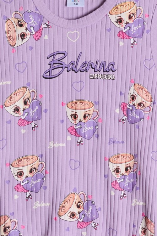 Lila Kalpli Balerin Desenli Badili Jean Salopetli Kız Çocuk Takım 24086