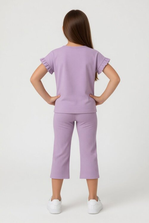 Lila Karakter Baskılı Tişörtlü Fitilli Pantolonlu Kız Çocuk 2li Takım 23830