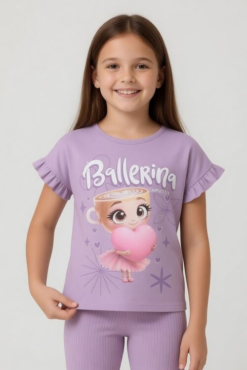 Lila Karakter Baskılı Tişörtlü Fitilli Pantolonlu Kız Çocuk 2li Takım 23830