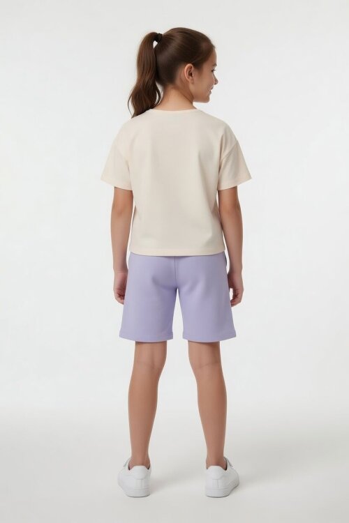 Lila Karlar Kraliçesi Baskılı Kız Çocuk Tişörtlü Şortlu Takım  23951