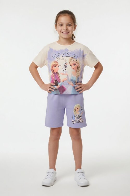 Lila Karlar Kraliçesi Baskılı Kız Çocuk Tişörtlü Şortlu Takım  23951