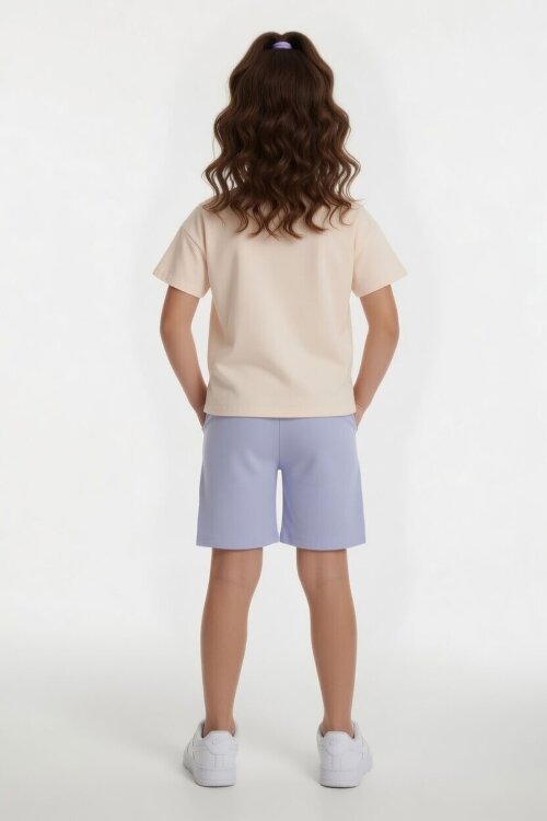 Lila Kiraz Desenli Love Yazılı Tişörtlü Kız Çocuk Şortlu Takım 23898