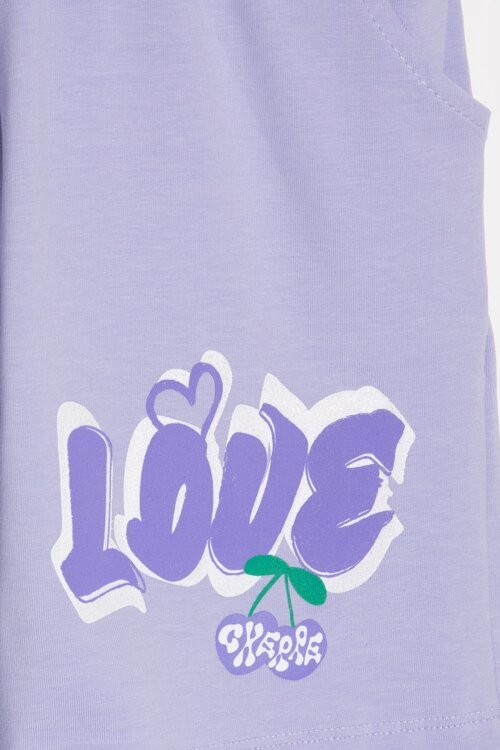 Lila Kiraz Desenli Love Yazılı Tişörtlü Kız Çocuk Şortlu Takım 23898