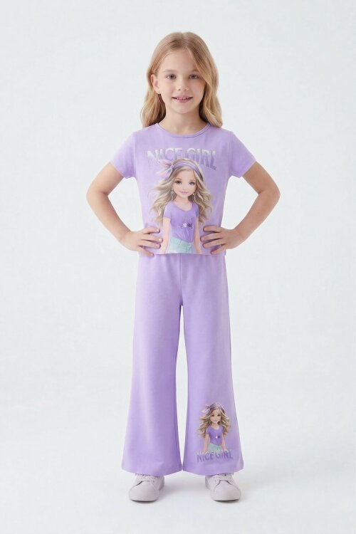 Lila Kız Karakter Baskılı Geniş Paça Pantolonlu 2li Kız Çocuk Takım 23802